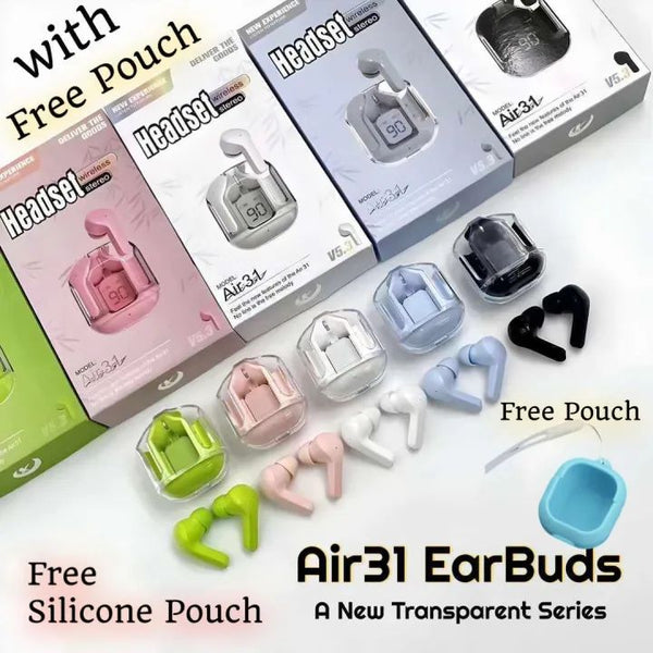 Air31 earbuds With SILICON POUCH wireless crystal Transparent
